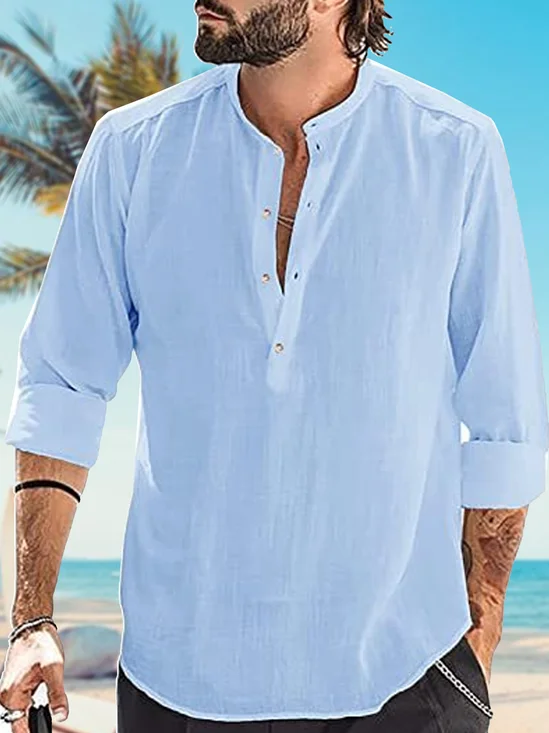 Hardaddy Men's Stand Collar Cotton Linen Long Sleeve Shirt