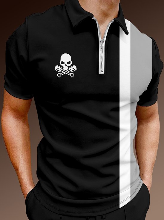 Hardaddy Casual Music Collection Geometric Striped Skull Pattern Lapel Short Sleeve Polo Print Top