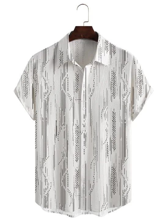 Hardaddy Cotton Linen Geometric Print Casual Short Sleeve Shirt
