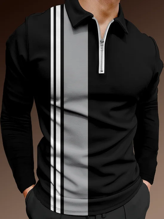 Casual Art Collection Geometric Stripes Color Block Pattern Lapel Long Sleeve Polo Print Top