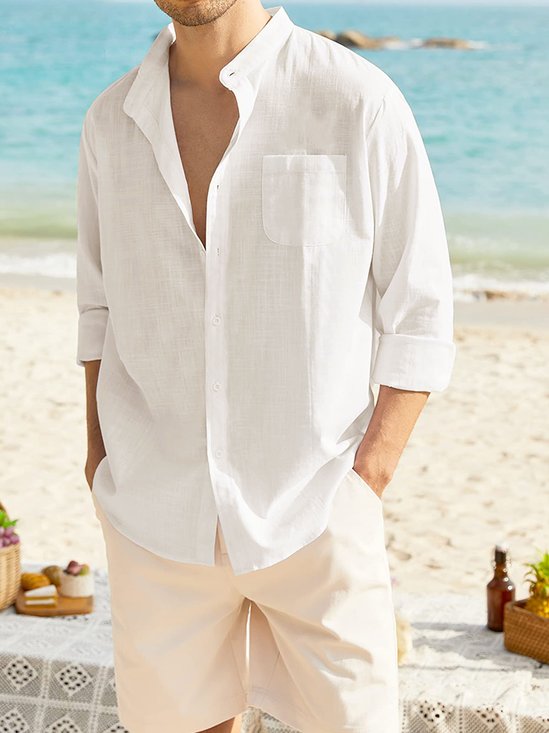 Hardaddy Cotton Linen Plain Color Casual Long Sleeve Shirt