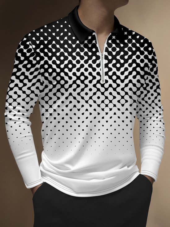 Casual Art Collection Geometric Stripes Color Blocking Lapel Zip Long Sleeve Printed Polo Shirt