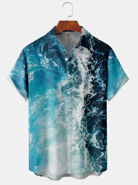 Mens Ocean Waves Print Front Buttons Soft Breathable Chest Pocket Casual Hawaiian Shirt