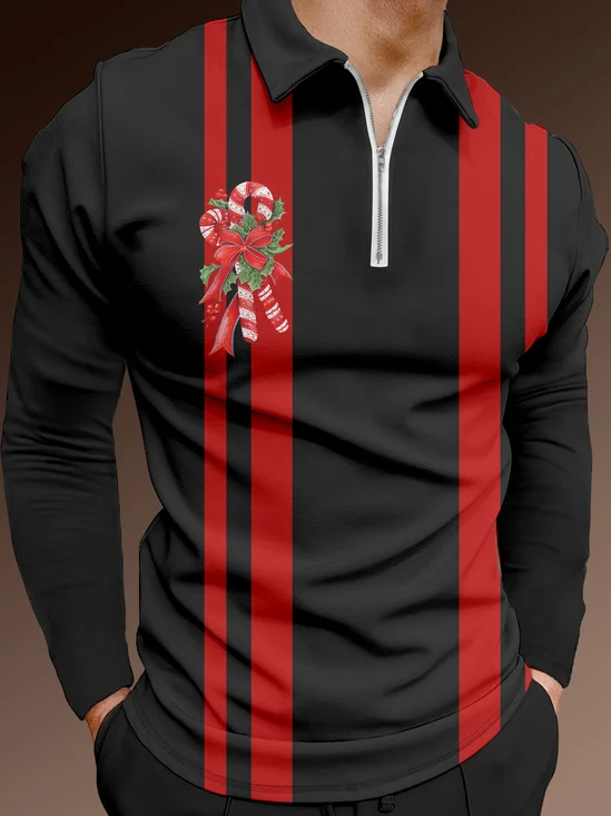 Casual Festive Collection Christmas Striped Geometric Color Block Candy Cane Pattern Lapel Zip Long Sleeve Print Polo Shirt