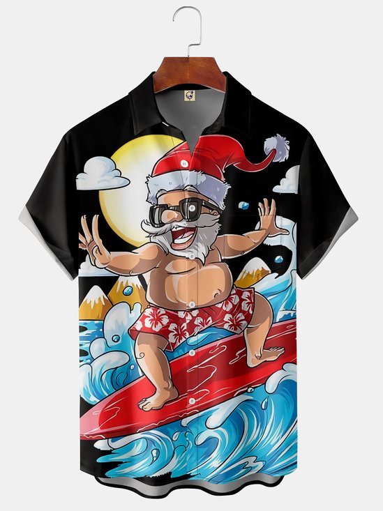 Mens Christmas Santa Surfing Print Breathable Chest Pocket Button Casual Hawaiian Shirt