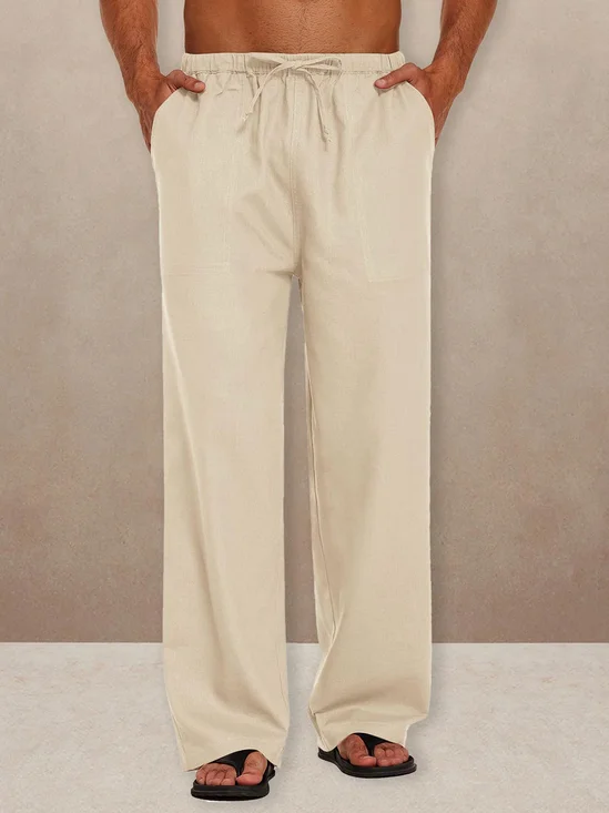 Plain Cotton Drawstring Waist Wide Leg Pants