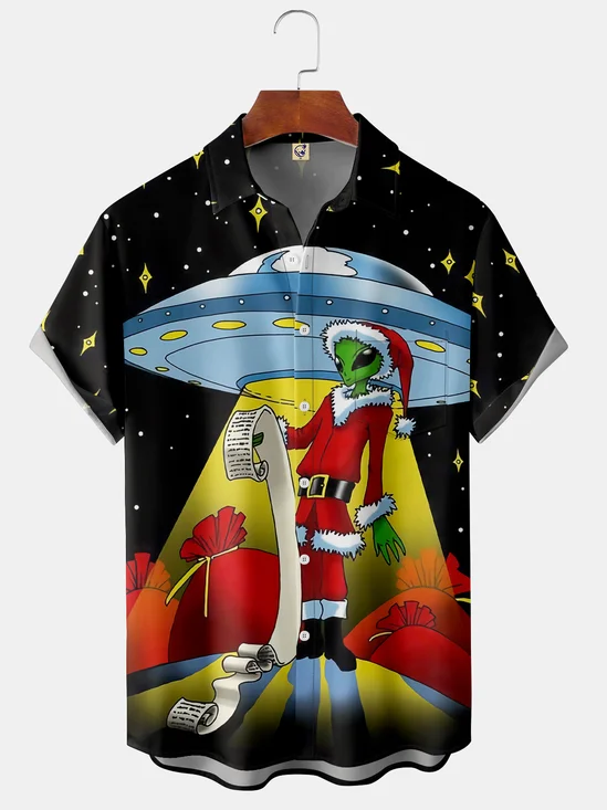 Christmas Alien Chest Pocket Short Sleeve Hawaiian Shirt