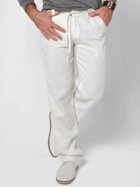 Plain Cotton Drawstring Waist Straight Pants