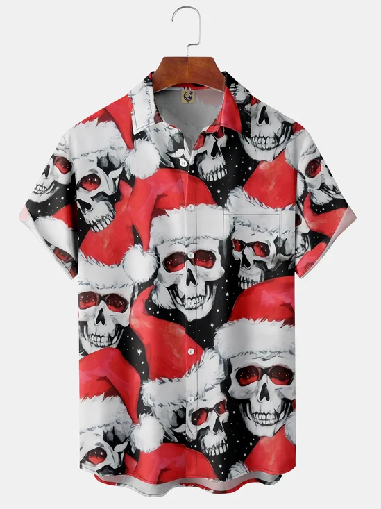 Christmas Skull Chest Pocket Short Sleeve Shirt