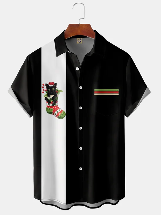Christmas Socks Cat Chest Pocket Short Sleeve Casual Shirt
