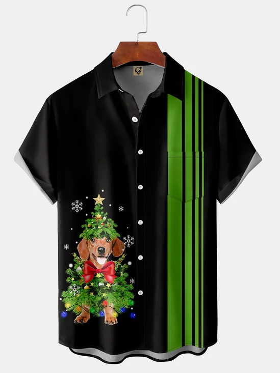 Christmas  Dog Chest Pocket Short Sleeve Casual Shirt