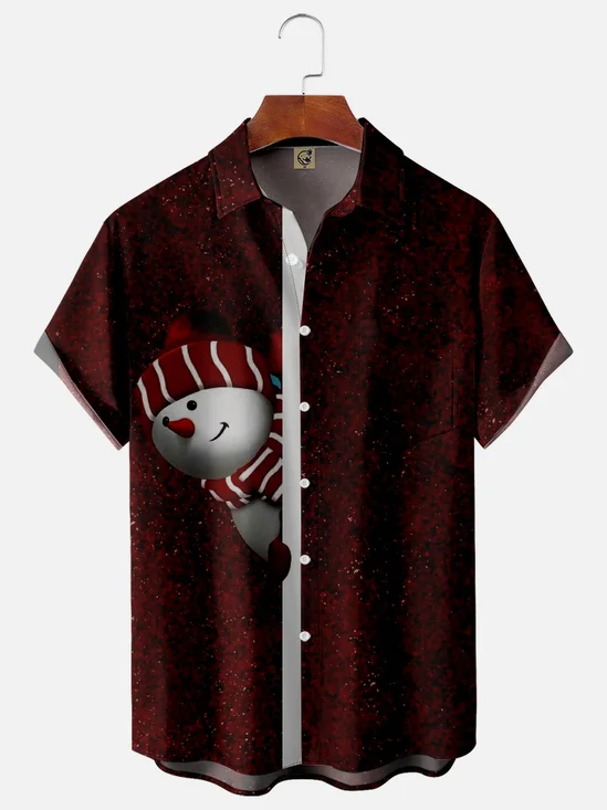 Christmas Snowman Chest Pocket Short Sleeve Shirt