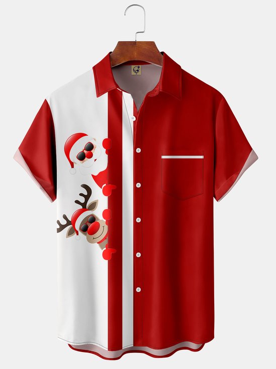 Santa Claus Christmas Deer Chest Pocket Short Sleeve Shirt