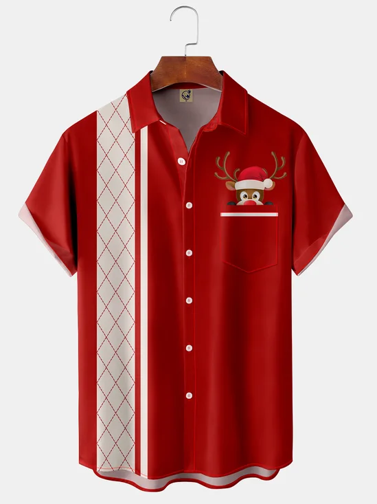 Christmas Reindeer Chest Pocket Short Sleeve Bowling Shirt
