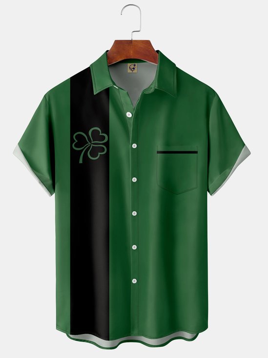 St. Patrick's Day Shamrock Chest Pocket Short Sleeve Bowling Shirt