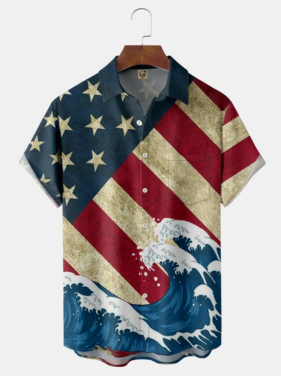 American Flag Ukiyo-e Chest Pocket Short Sleeve Shirt
