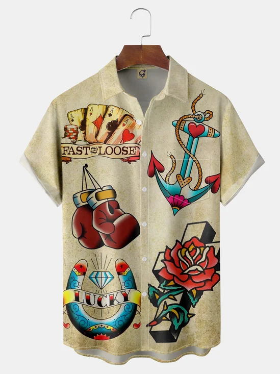 Tattoo Chest Pocket Short Sleeve Hawaiian Shirt