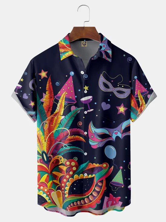 Mardi Gras Chest Pocket Short Sleeve Casual Shirt