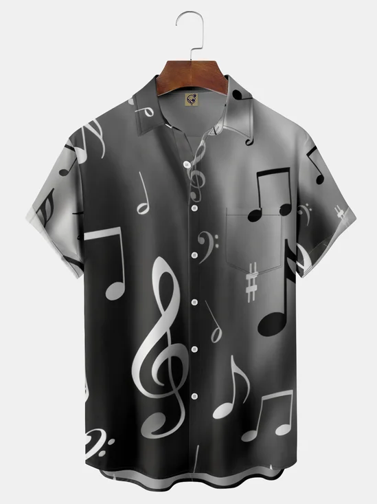 Music Note Chest Pocket Short Sleeve Casual Shirt
