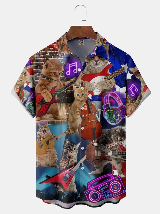 Musical Cat Chest Pocket Short Sleeve Shirt
