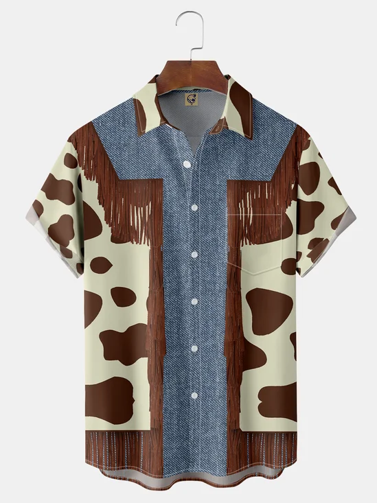 Cow Pattern Chest Pocket Short Sleeve Western Shirt
