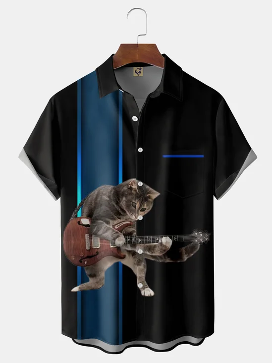 Fun Musical Cat Chest Pocket Short Sleeve Shirt