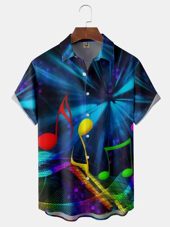 3D Music Note Chest Pocket Short Sleeve Shirt