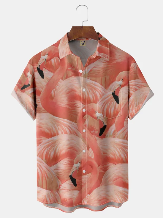Flamingo Chest Pocket Short Sleeve Hawaiian Shirt