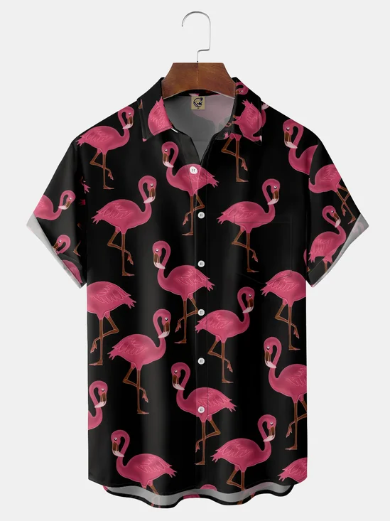 Flamingo Chest Pocket Short Sleeve Hawaiian Shirt