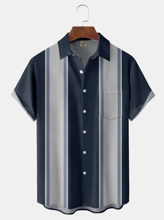 Geometric Stripe Chest Pocket Short Sleeve Bowling Shirt