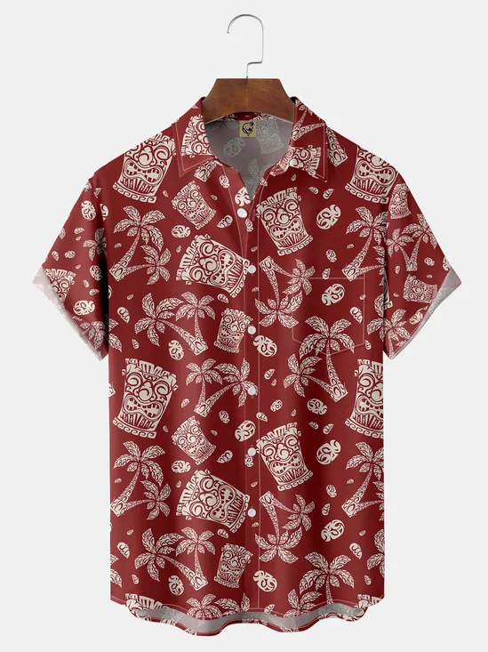 Tiki Coconut Tree Chest Pocket Short Sleeve Hawaiian Shirt