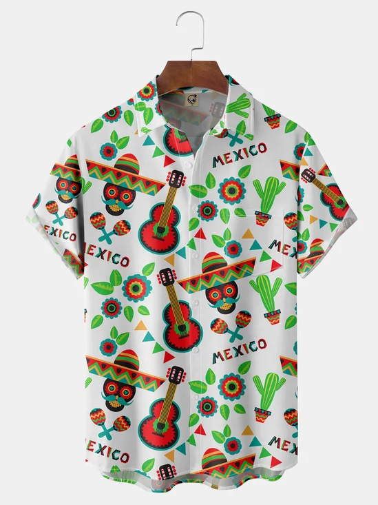 Cinco de Mayo Skull Pepper Chest Pocket Short Sleeve Shirt
