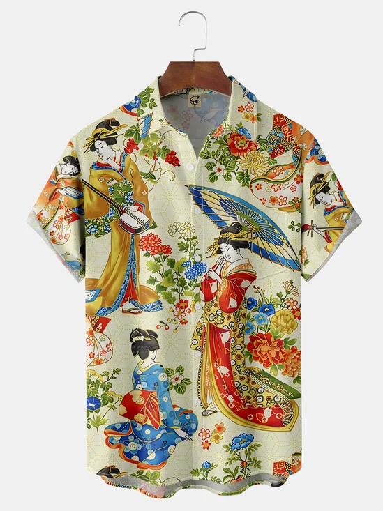 Japanese Ukiyoe Beauty Chest Pocket Short Sleeve Hawaiian Shirt