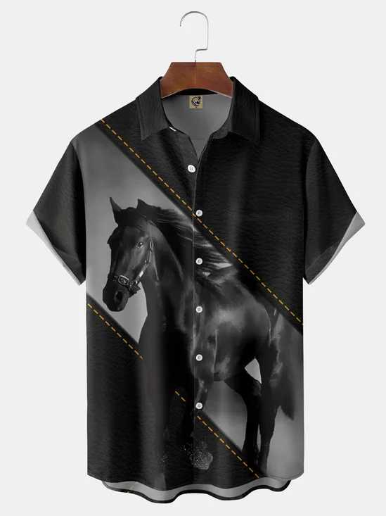 Men's Kentucky Derby Attire Horse Chest Pocket Short Sleeve Casual Shirt