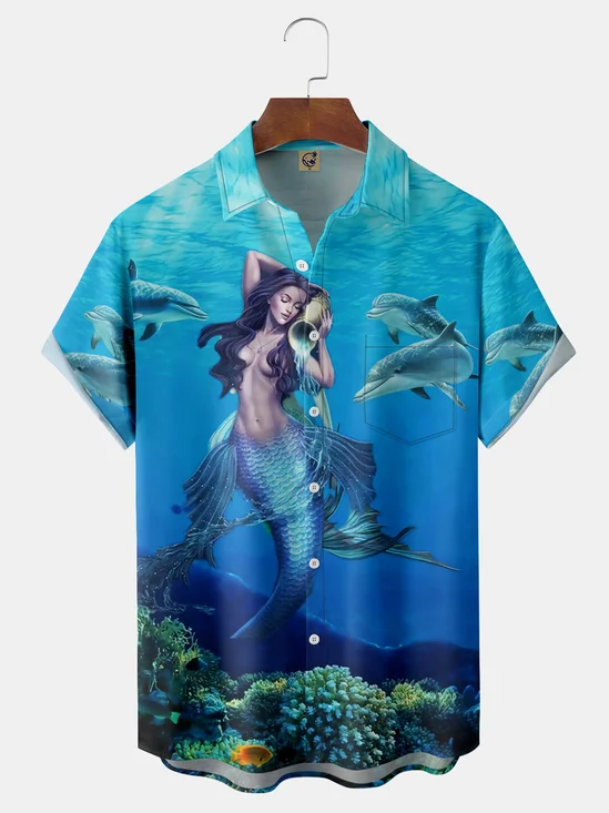 Mermaid Chest Pocket Short Sleeve Hawaiian Shirt