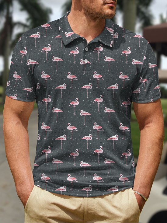 Hardaddy Flamingo Polka Dot Button Short Sleeve Golf Polo Shirt
