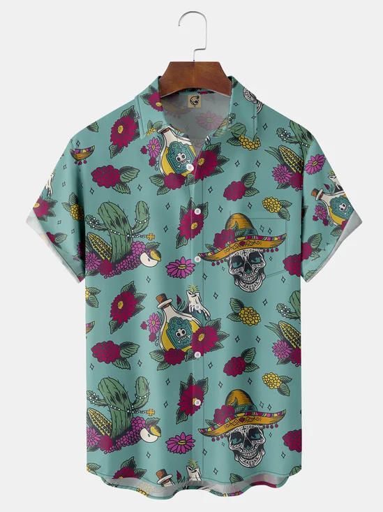 Cinco de Mayo Skull Chest Pocket Short Sleeve Casual Shirt