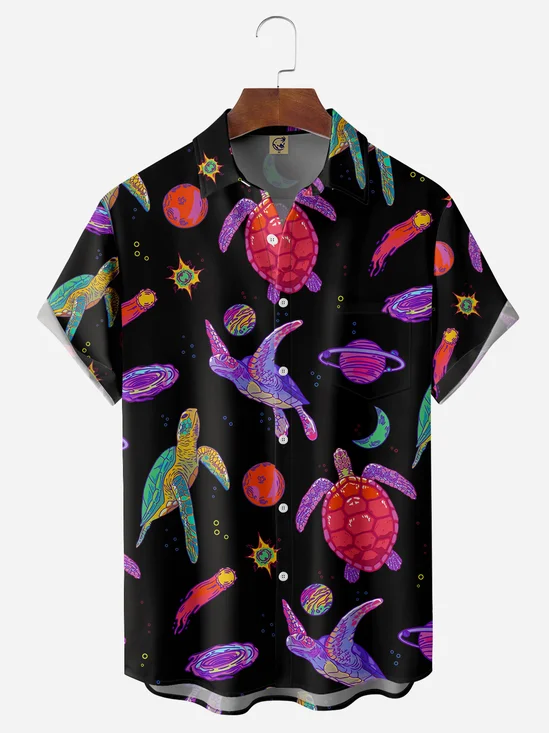 Space Sea Turtle Chest Pocket Short Sleeve Casual Shirt