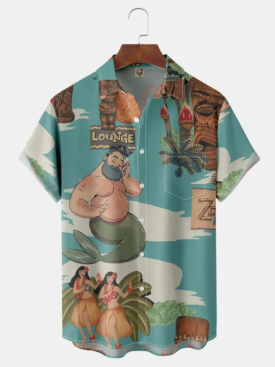 Mermaid Coconut Tree Chest Pocket Short Sleeve Hawaiian Shirt