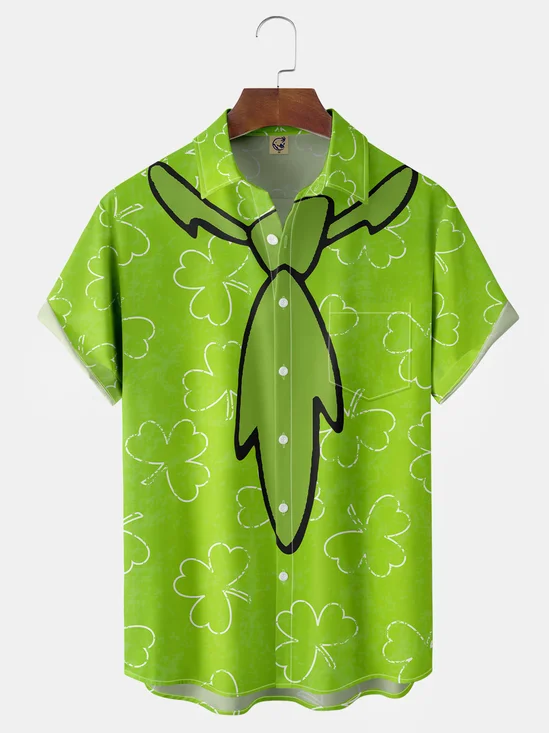 St. Patrick's Day Bow Tie Clover Chest Pocket Short Sleeve Shirt