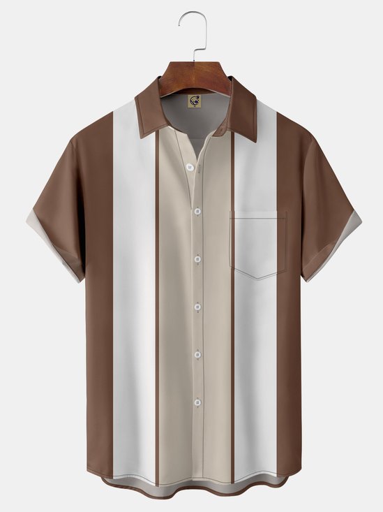 Shirts For Father Geometric Stripe Chest Pocket Short Sleeve Bowling Shirt