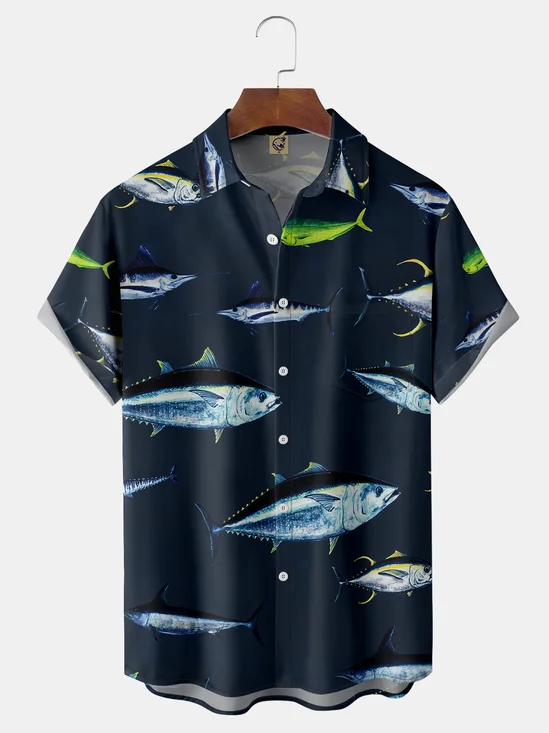 Fish Chest Pocket Short Sleeve Casual Shirt