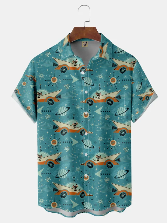 Geometric Cat Chest Pocket Short Sleeve Lounge Shirt