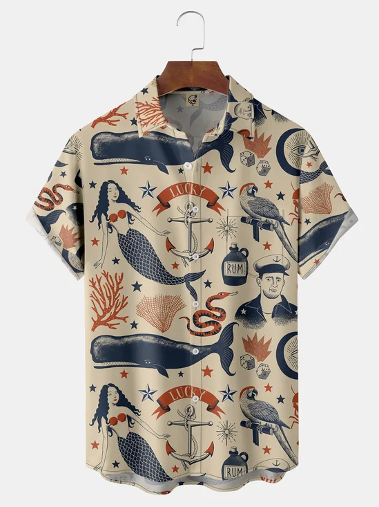 Mermaid Chest Pocket Short Sleeve Hawaiian Shirt