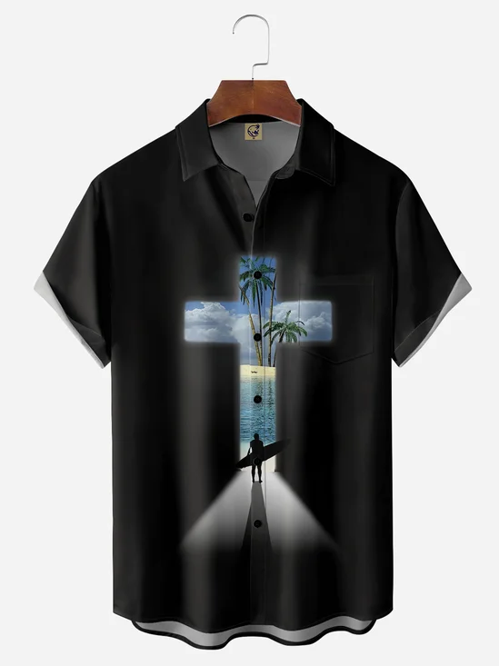 Cross Chest Pocket Short Sleeve Hawaiian Shirt