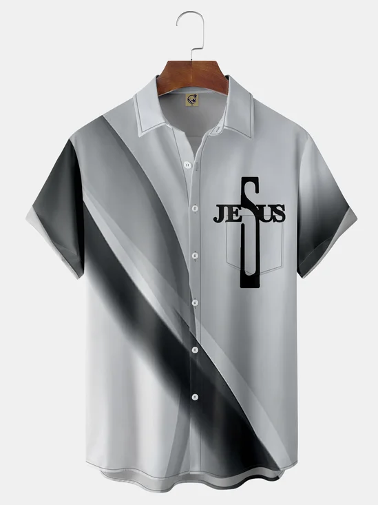 Jesus Cross Chest Pocket Short Sleeve Casual Shirt