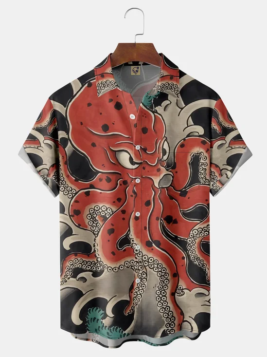 Japanese Ukiyo-e Octopus Chest Pocket Short Sleeve Hawaiian Shirt