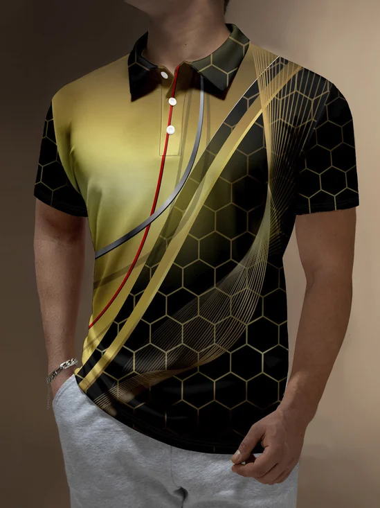 Hardaddy 3D Ombre Abstract Geometric Button Short Sleeve Polo Shirt