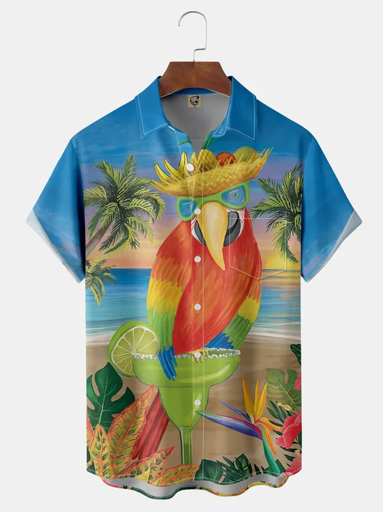 Parrot Coconut Tree Chest Pocket Short Sleeve Hawaiian Shirt