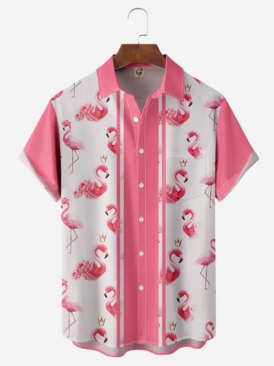 Flamingo Chest Pocket Short Sleeve Bowling Shirt